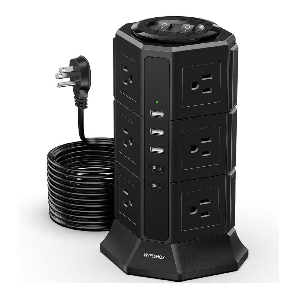Lukyamzn 12-Outlet Power Strip Tower Surge Protector w/ 3-USB-A, 2 USB-C and 10 ft. Flat Plug Cord for Desk, Dorm, Office, Black (1)