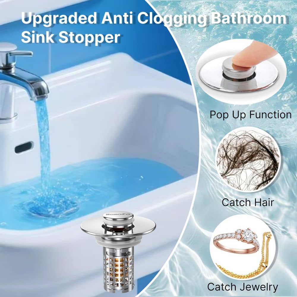 Wudkey 3-Piece Universal Bathroom Sink Drain Stopper with Removable Basket and Pop-Up Mechanism in Stainless Steel Finish (3)