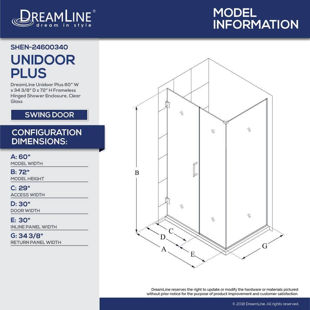 DreamLine Unidoor Plus 60 in. W x 34-3/8 in. D x 72 in. H Frameless Hinged Shower Enclosure in Matte Black (2)