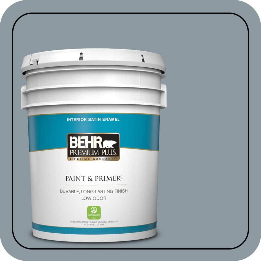 BEHR PREMIUM PLUS 5 gal. #N490-4 Teton Blue Satin Enamel Low Odor Interior Paint & Primer