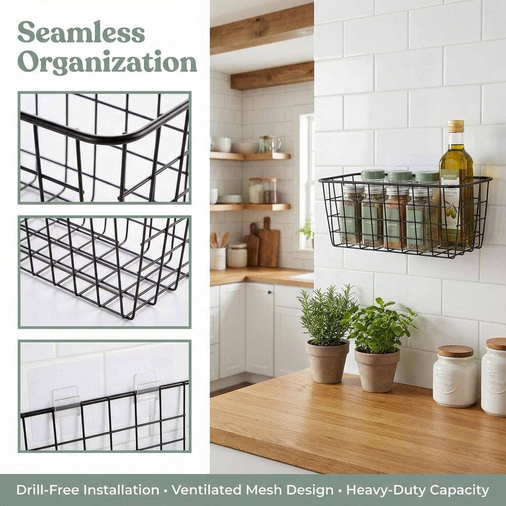 Wudkey 2-Pack No-Drilling Adhesive Hanging Wall Cabinet Basket 11 x 4.72 x 4.72 in. in Black (3)