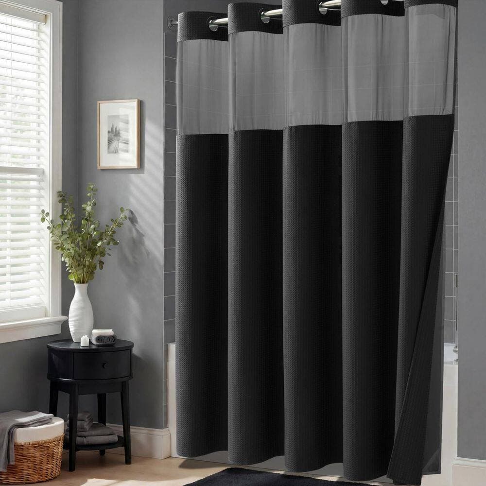 Anqtovp 72 in. W x 75 in. L Fabric Hook Free Shower Curtain with Snap In Liner Mesh Top Window Black Waffle Weave (2)