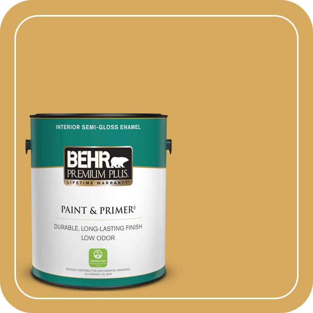 BEHR PREMIUM PLUS 1 gal. #340D-5 Galley Gold Semi-Gloss Enamel Low Odor Interior Paint & Primer