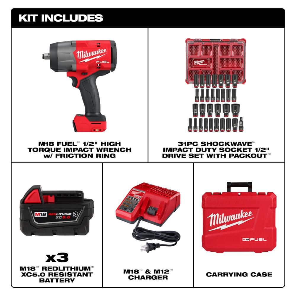 Milwaukee M18 FUEL 18V High Torque 1/2 in. Impact Wrench Kit with 5. 0Ah Battery with 1/2 in 31-Pc Metric/SAE Deep PACKOUT Sockets (2)