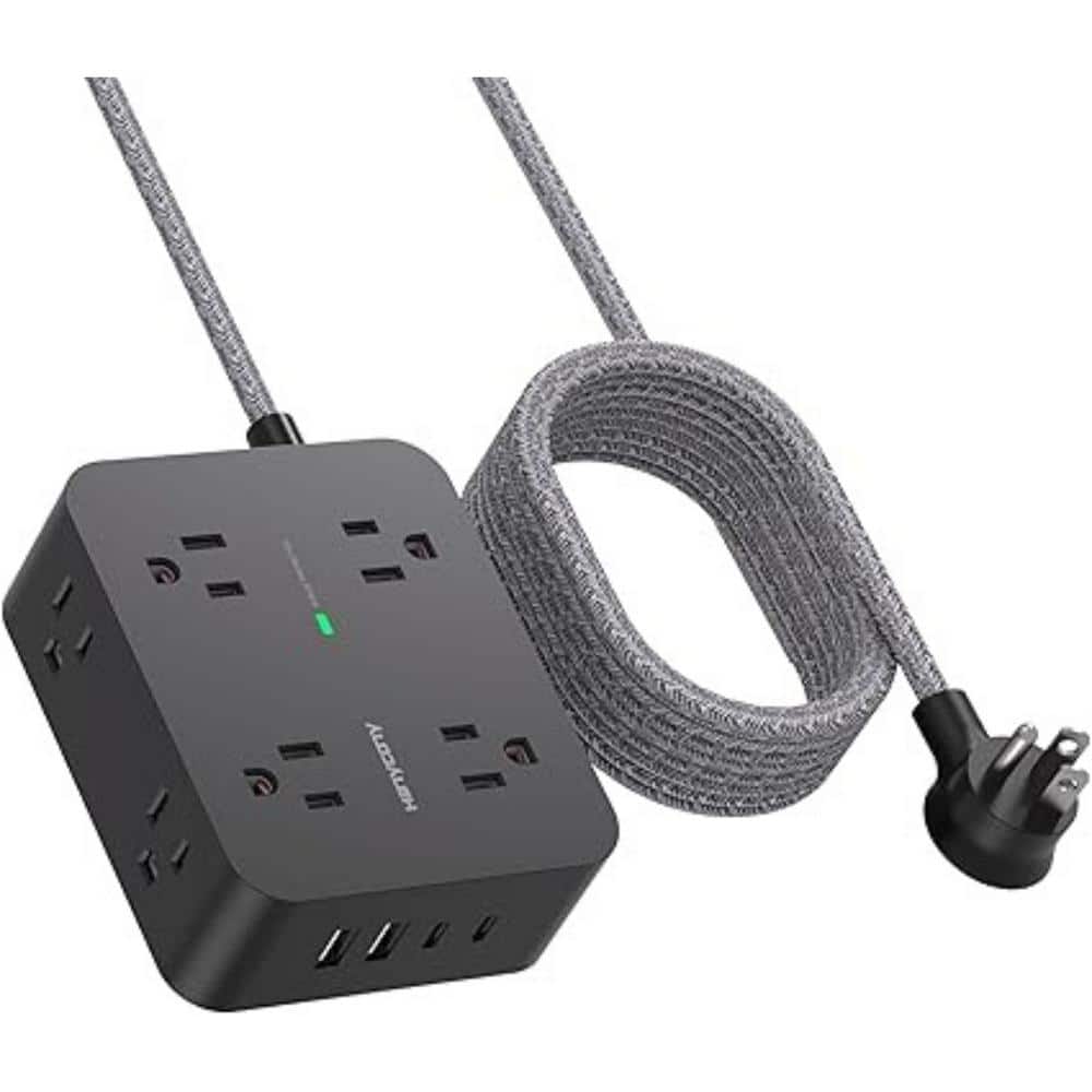 Ahfiwaso 10 ft. Flat Plug Surge Protector Power Strip, Extension Cord with 8 Widely AC Outlets and 4 USB Ports (2 USB-C), Black