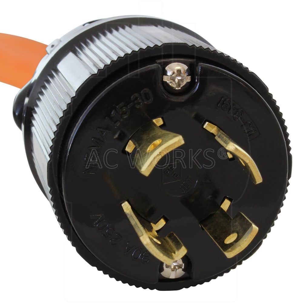 AC WORKS L15-30P Locking Plug to L6-20R Connector with Inline 20A Breaker 1.5 ft. 10 / 3 STW Indoor/Outdoor Cord in Orange (3)
