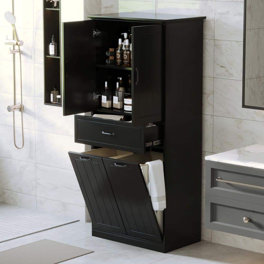 Nestfair 15.7 in. W x 29.9 in. D x 65.8 in. H Black Linen Cabinet with 2-Laundry Baskets (2)
