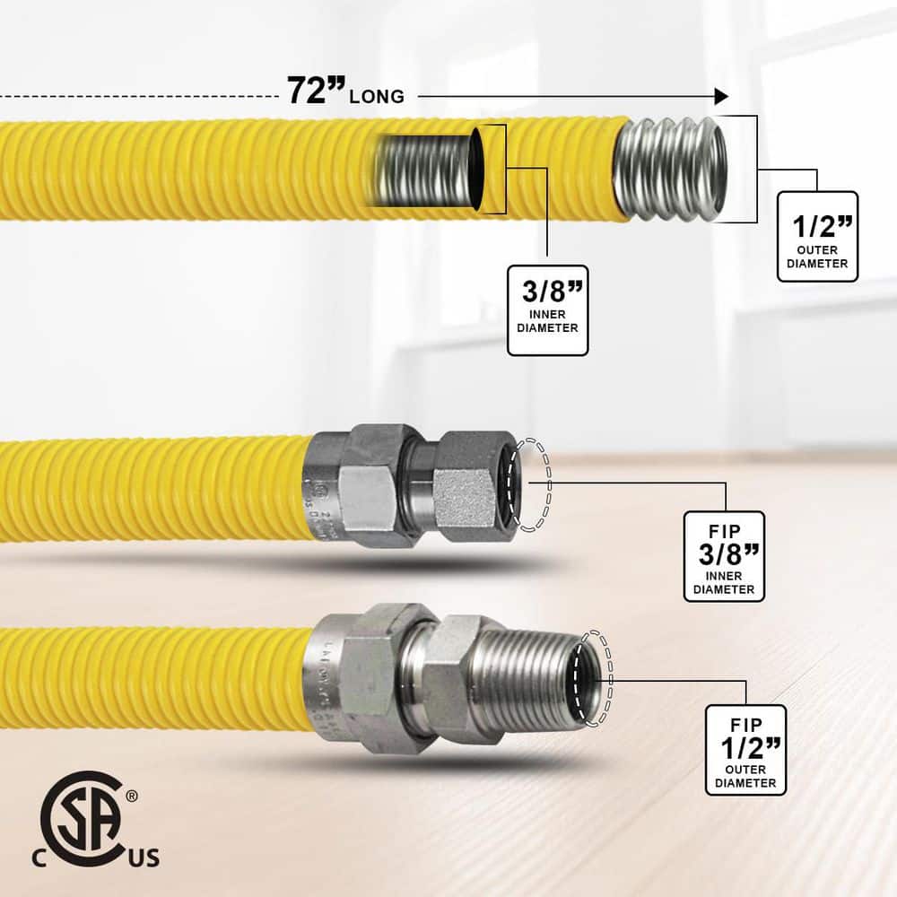 PLUMBFLEX 72 in. Gas Connector with Fittings, Yellow Coated Gas Connector, 1/2 in. OD, 3/8 in. FIP x 1/2 in. MIP Connection (2)