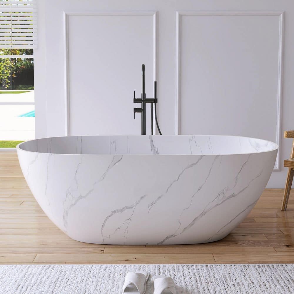 MEDUNJESS 63 in. x 30 in. Stone Resin Solid Surface Flatbottom Freestanding Soaking Bathtub in White with Marble Water Transfer (1)