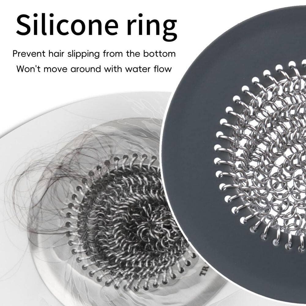 Wudkey 1-Piece Shower Drain Hair Catcher with Easy Clean Chain Mail and Anti-Slip Silicone Base in 304 Stainless Steel Finish (3)