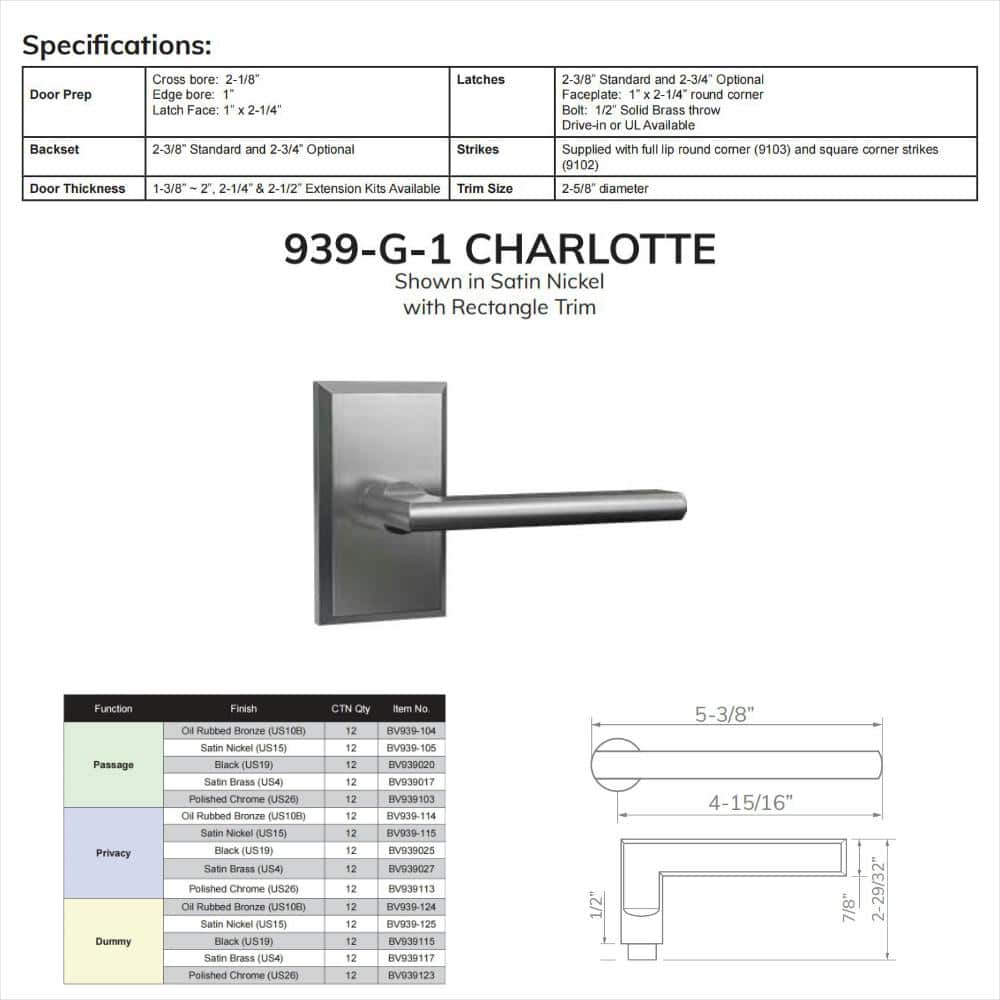 DELANEY HARDWARE Bravura Charlotte 939G-1 Single Dummy Door Lever Solid Brass Satin Brass w/ rectangle trim (3)