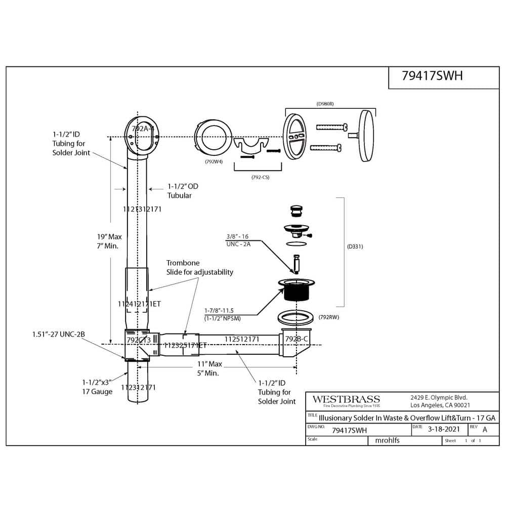Westbrass Solder-In Brass Bath Waste Assembly with Twist & Close Drain and Illusionary No-Hole Overflow Cover (2)