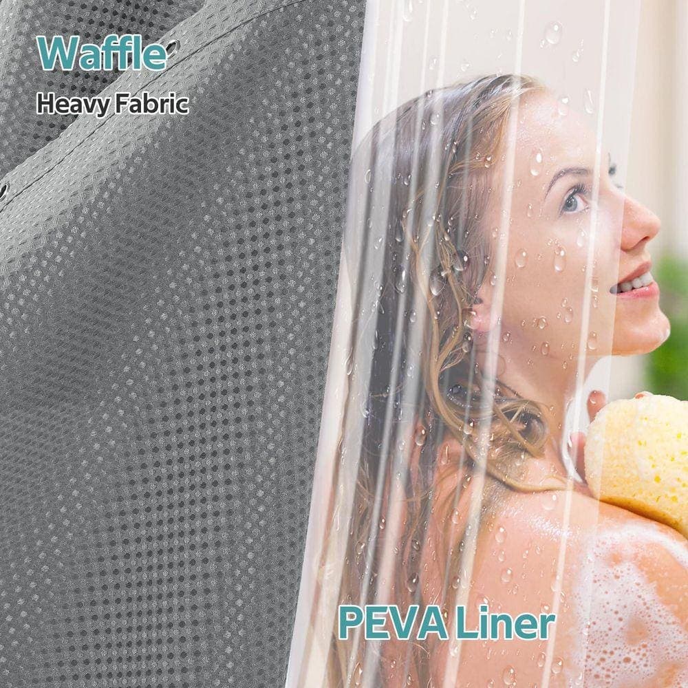 Unbranded 72 in. W x 72 in. L Polyester Shower Curtain Set with Waffle Weave Liner Hooks Weighted Double Layer Grey (3)