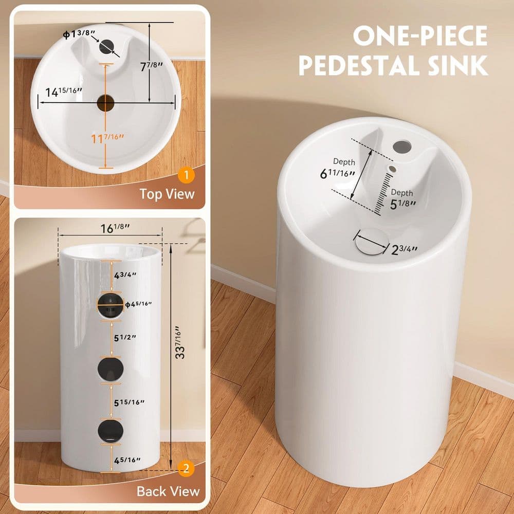 Zeafive 16.12 in. L x 16.12 in. W x 33.44 in. H Pedestal Bathroom Sink White Ceramic Circular Basin with Overflow, Pop-Up Drain (2)
