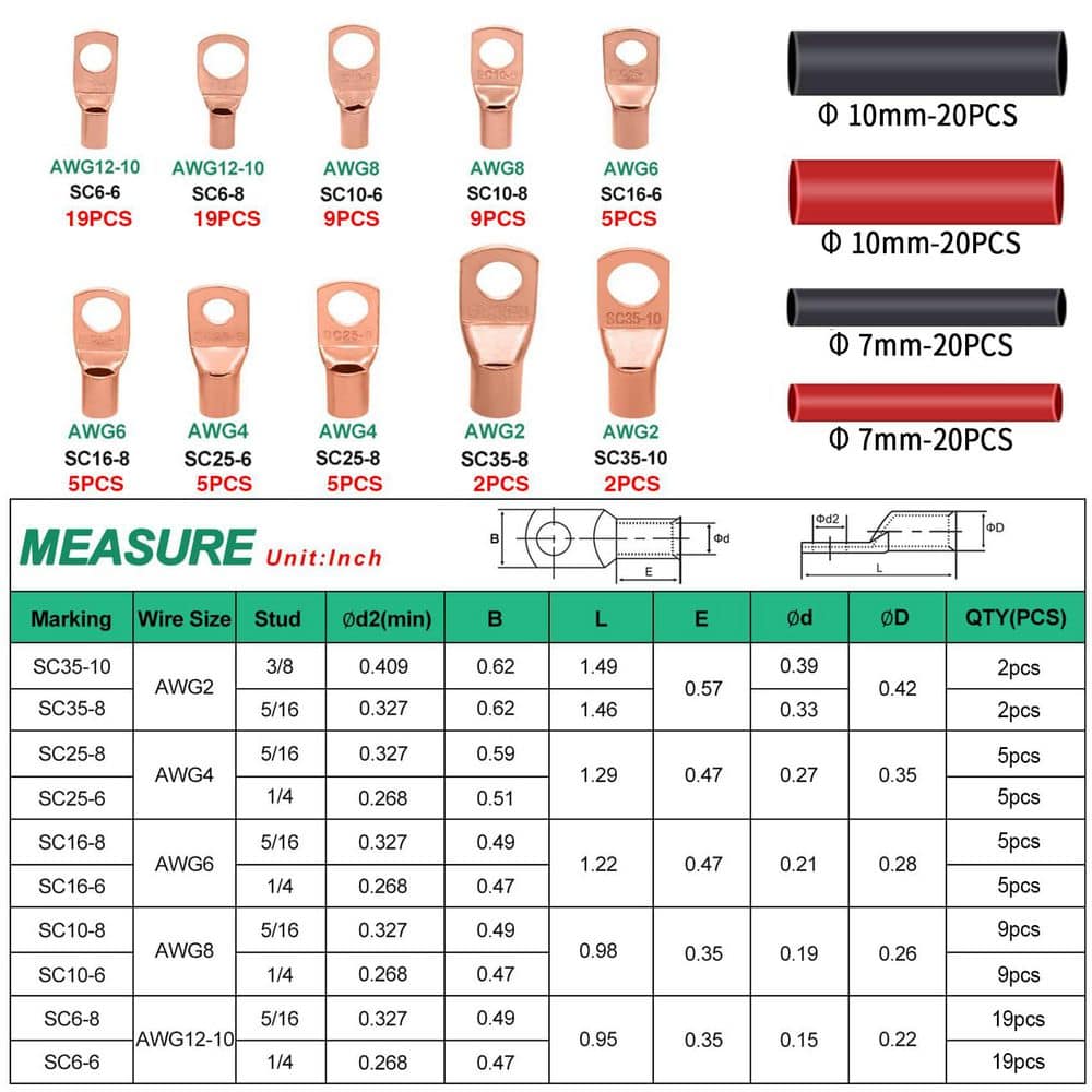 Unbranded 160-Piece Copper Cable Wire Lugs Ring Terminals Connectors 2-12 AWG Gauge with Heat Shrink Tubing (2)