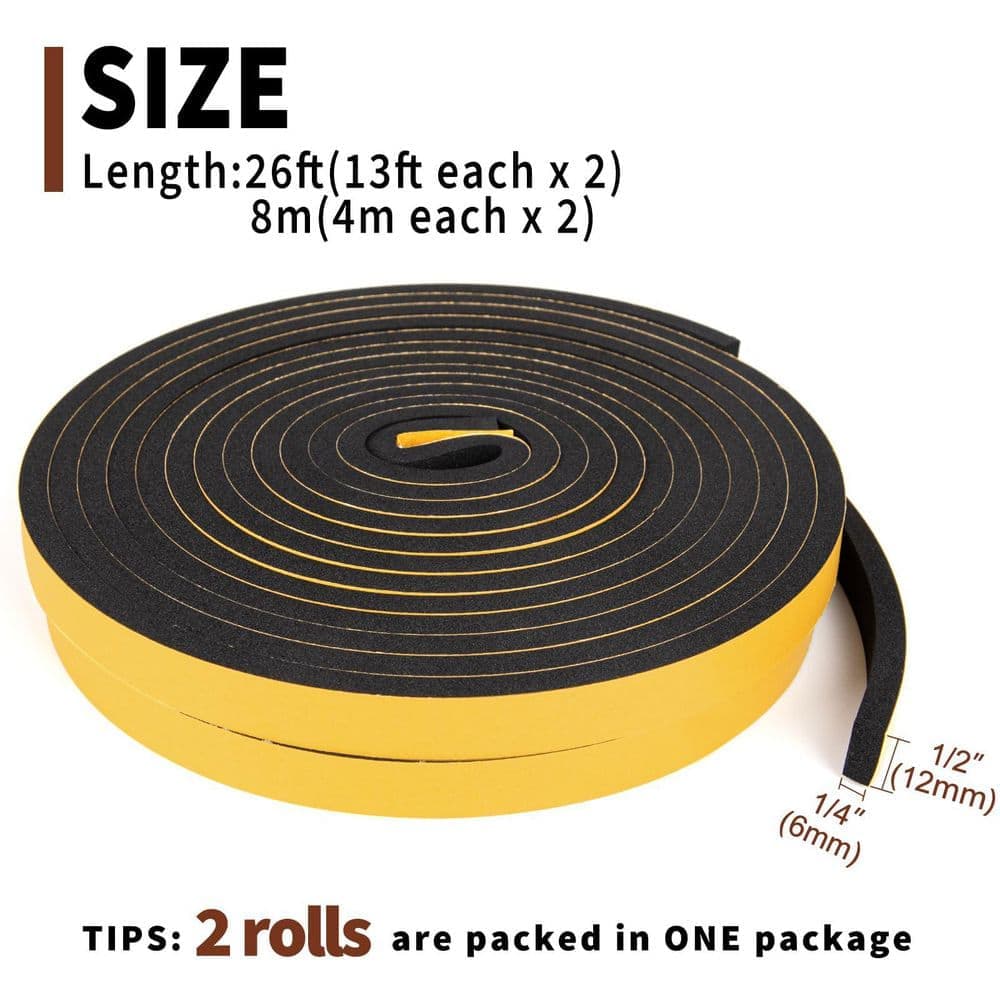 Laybus 1/2 in. x 1/4 in. x 13 ft. Weather Stripping Door Seal Strip New Adhesive Foam Insulation Tape for Window Frame, 2-Piece (3)