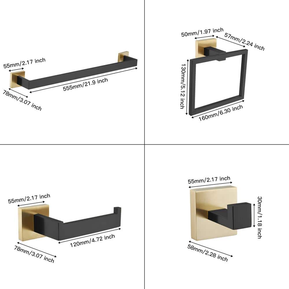 HOMEMYSTIQUE Bathroom Hardware Set 5-Piece Bath Hardware Set with Towel Bar, Towel Ring, Robe Hook, Toilet Paper Holder in Black Gold (3)