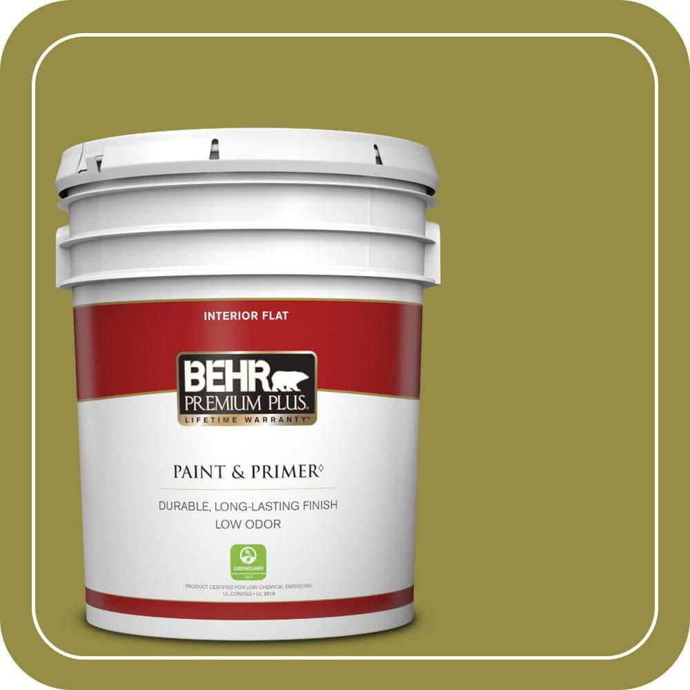 BEHR PREMIUM PLUS 5 gal. #PPU9-03 Retro Avocado Flat Low Odor Interior Paint & Primer