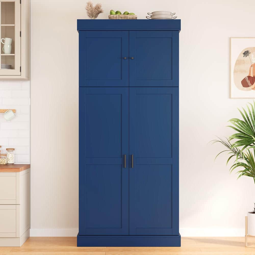 XUJMK 35 in. W x 18 in. D x 77 in. H Blue Linen Cabinet, Storage Cabinet, Kitchen Pantry with Adjustable Shelves, Wine Racks (3)