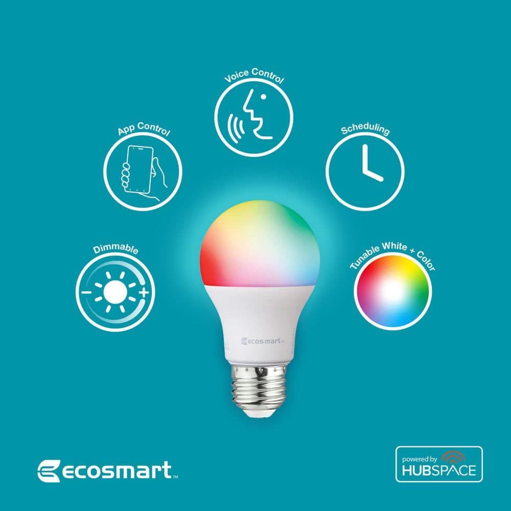 EcoSmart 60-Watt Equivalent Smart A19 E26 Base Color Changing CEC LED Light Bulb with Voice Control (1-Bulb) Powered by Hubspace (4)