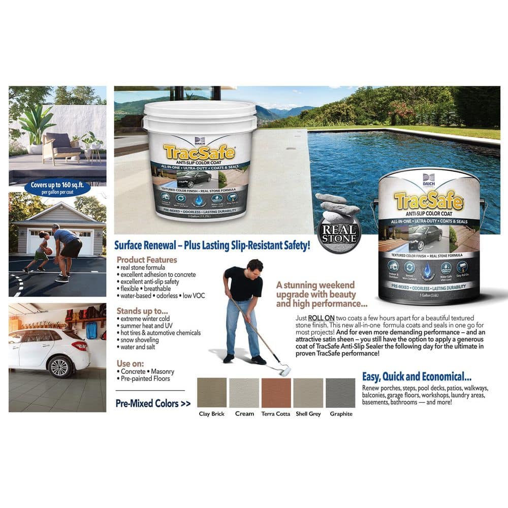 DAICH TracSafe All-In-One  1 gal. Shell Gray Matte Anti-Slip Color Coat Interior/Exterior Concrete Porch & Floor Paint (3)
