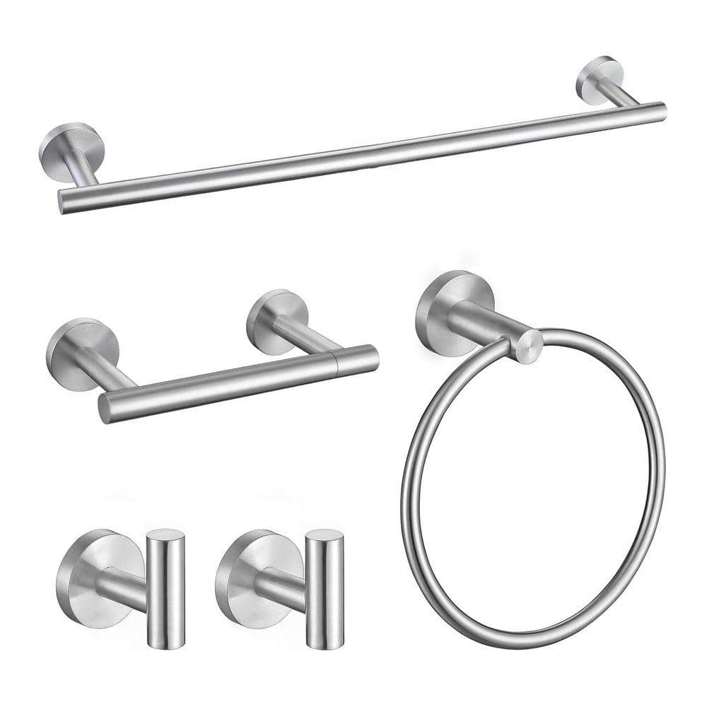 Unbranded 5-Piece Bathroom Hardware Set Wall Mounted with 24 in. Towel Bar, Robe Hooks and Paper Holder for Home in Brushed Steel
