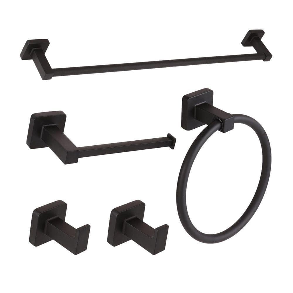 JFVKAF 5-Piece Bathroom Hardware Set with Towel Bar Towel Ring Toilet Paper Holder 2 Towel Hooks in Matte Black (1)