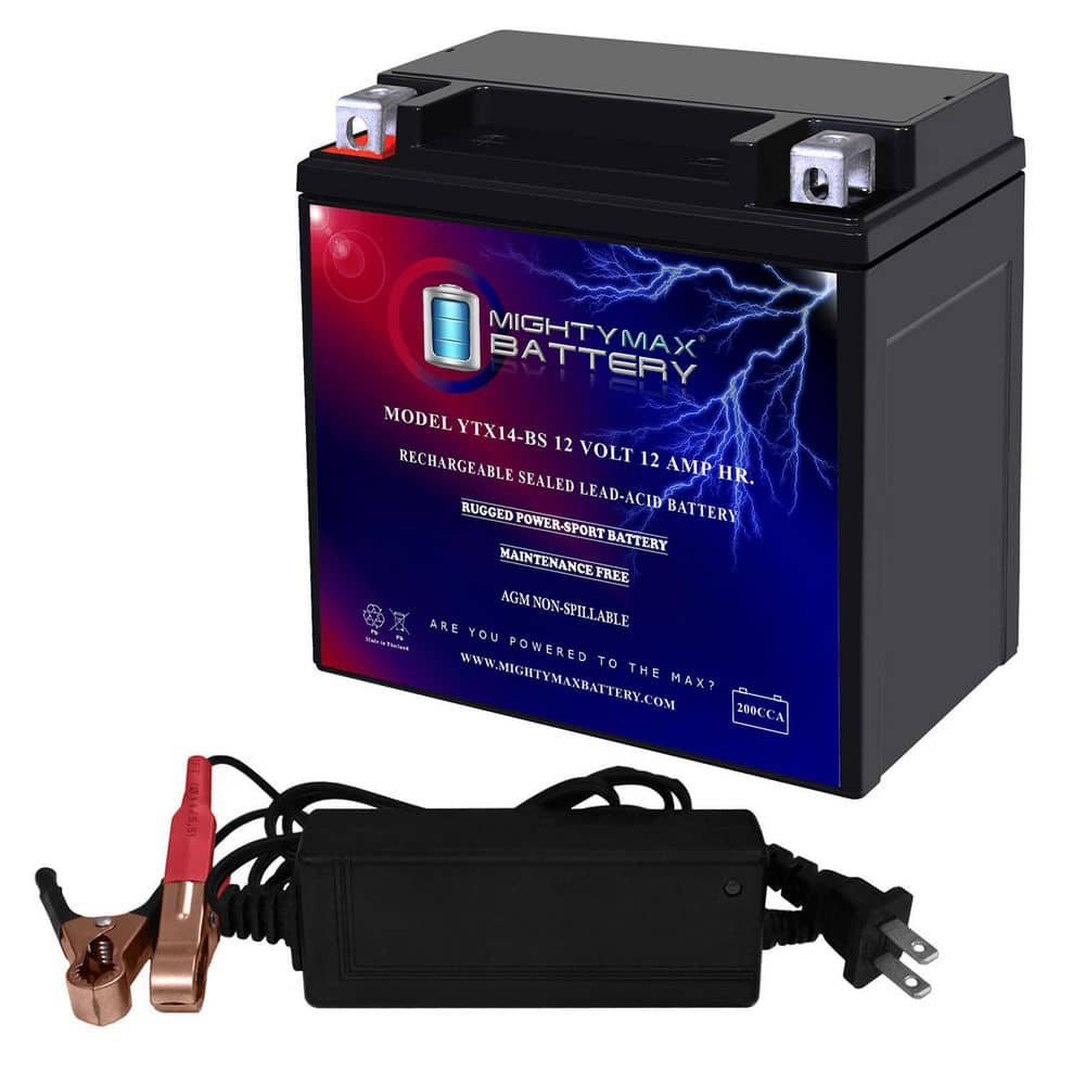 MIGHTY MAX BATTERY YTX14-BS Replacement Battery for HTX14, UTX14 Plus 12-Volt 2Amp Charger (1)