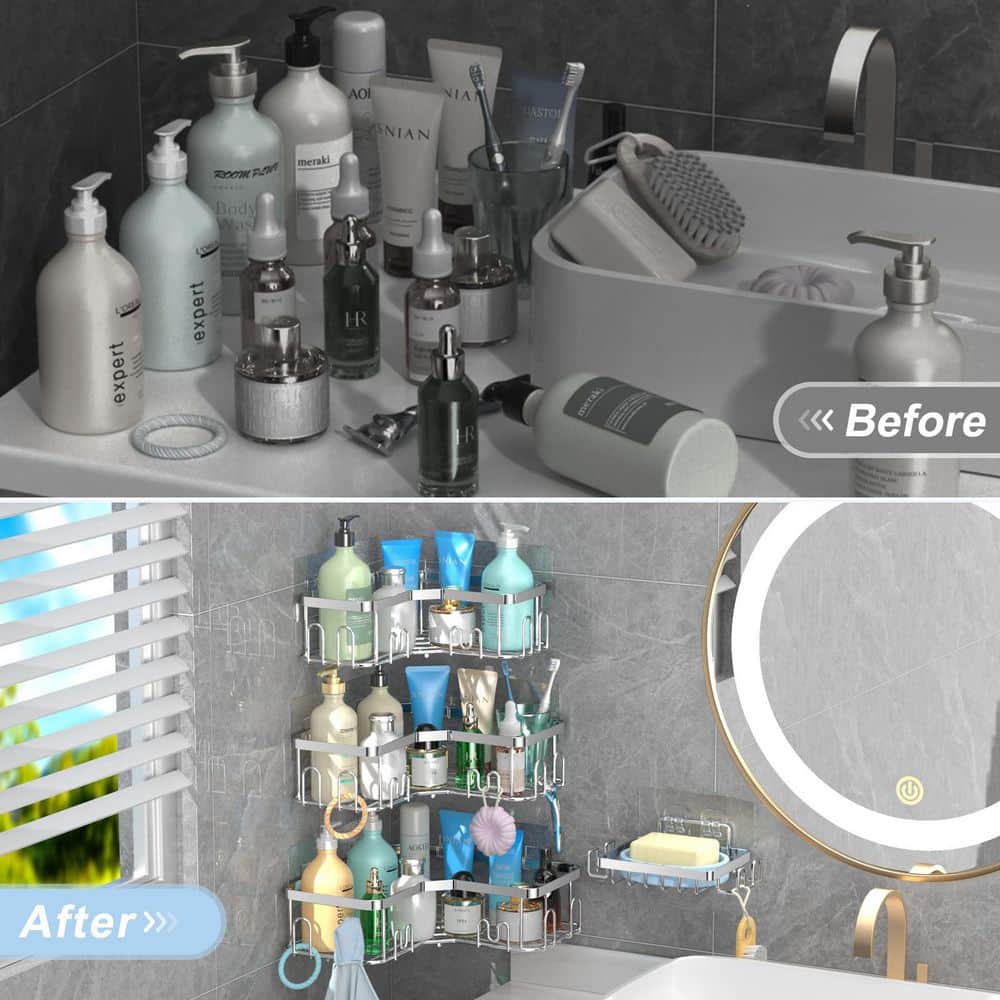 NVNOO 13.38 in. x 5 in. x 2.4 in. Rustproof Stainless Steel Shower Organizer with Hooks for Bathroom, Silve (4-Pack) (3)