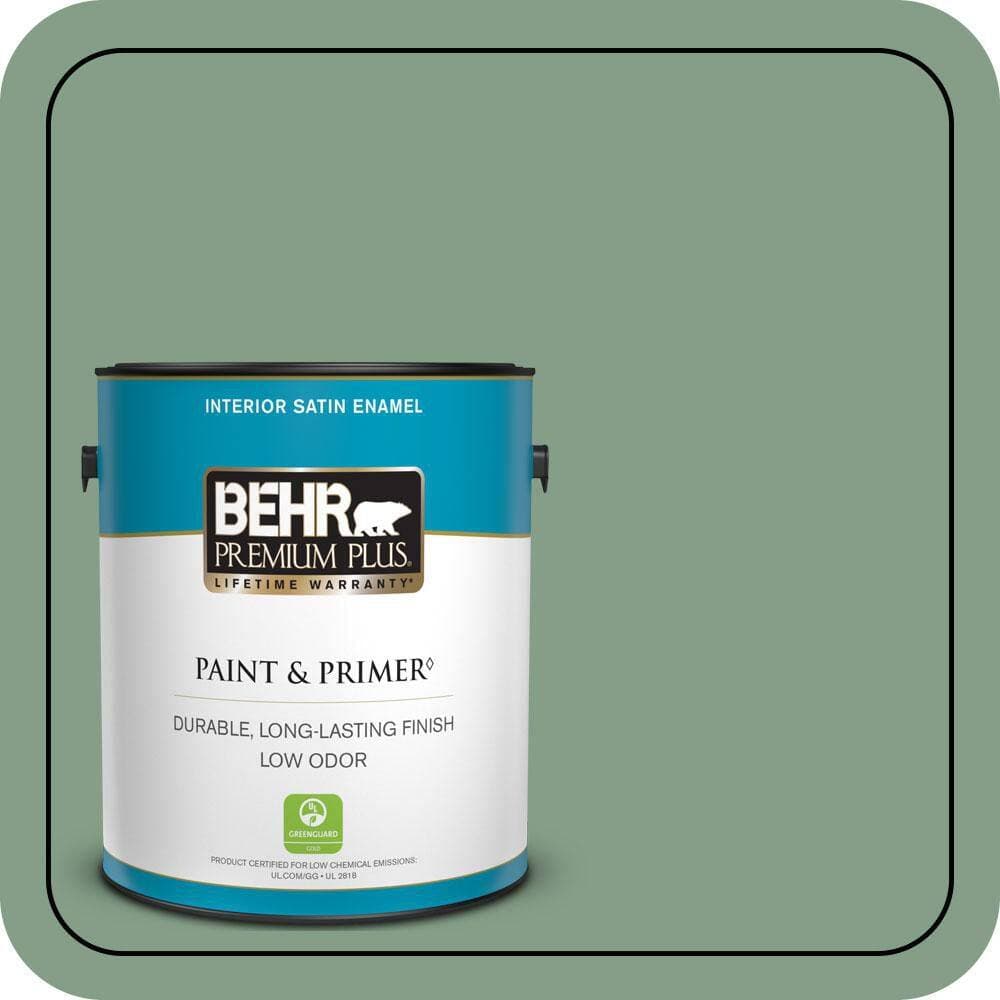 BEHR PREMIUM PLUS 1 gal. #S410-5 Track Green Satin Enamel Low Odor Interior Paint & Primer