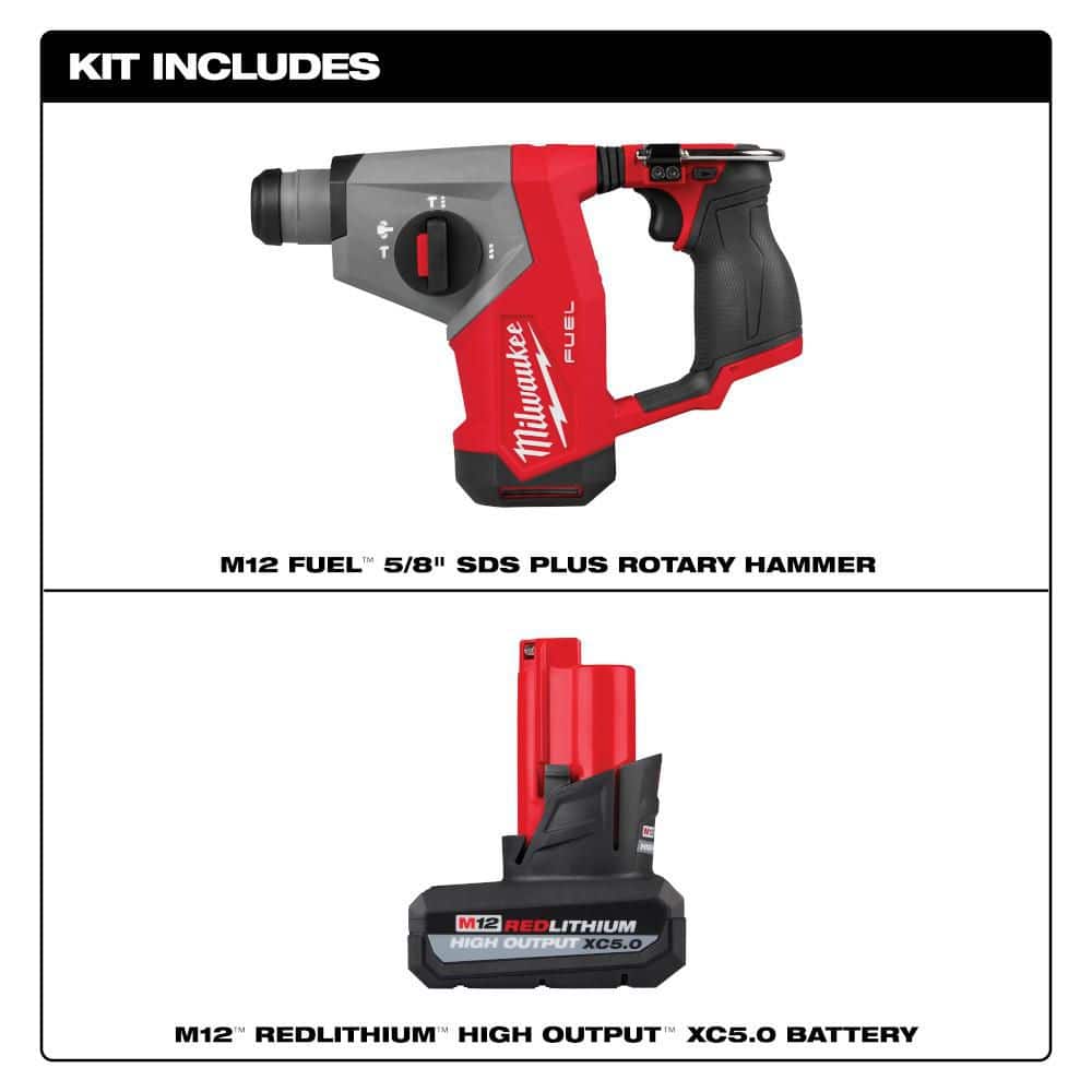 Milwaukee M12 FUEL 12V Lithium-Ion Brushless Cordless 5/8 in. SDS-Plus Rotary Hammer Drill with XC High Output 5.0 Ah Battery Pack (2)