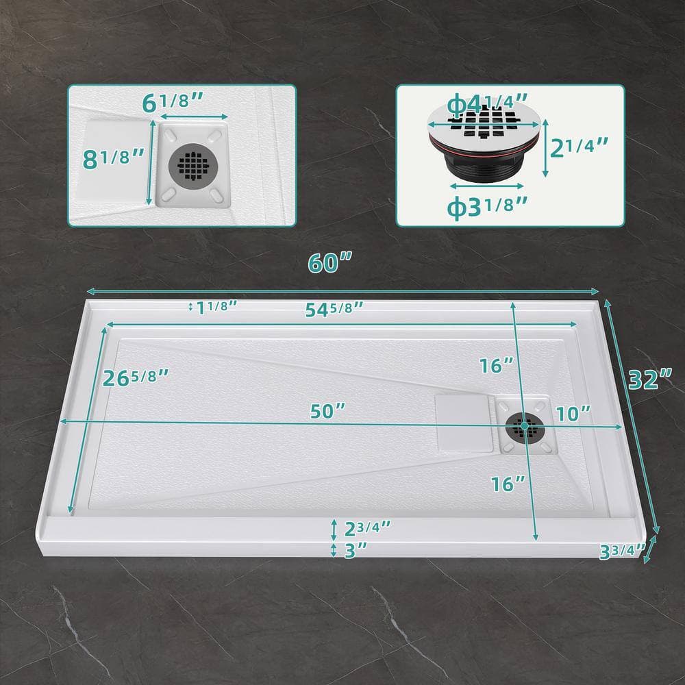 Getpro 60 in. L x 32 in. W Single Threshold Alcove Shower Pan Base Acrylic Rectangular Shower Tray with Right Drain in White (2)