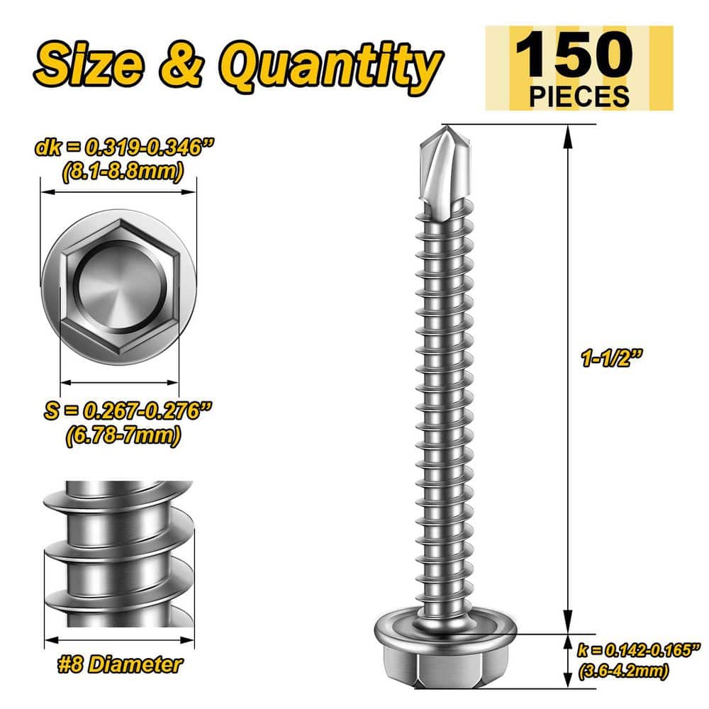 MYWISH #8 x 1-1/2 in. Stainless Steel Hex Washer Head Self Drilling Sheet Metal Screws (150-Pack) (2)