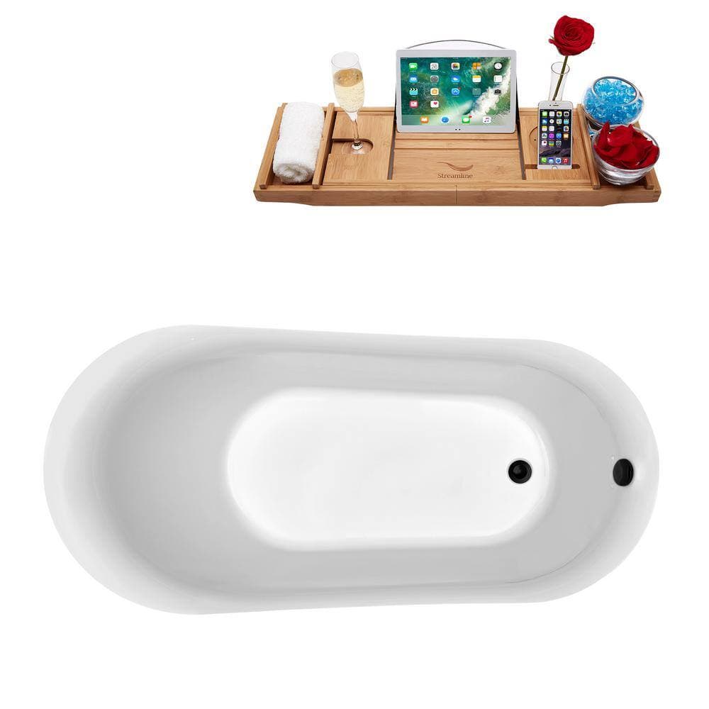 Streamline 59 in. Acrylic Flatbottom Non-Whirlpool Bathtub Glossy White with Matte Black Drain and Overflow Cover (4)