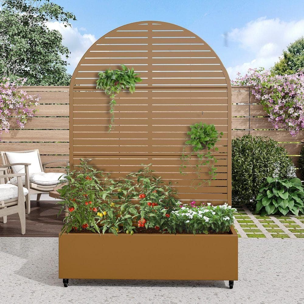 PexFix 72 in. H x 47 in. W Arch Brown Outdoor Metal Privacy Screen Planter Box Wall Decor (2)