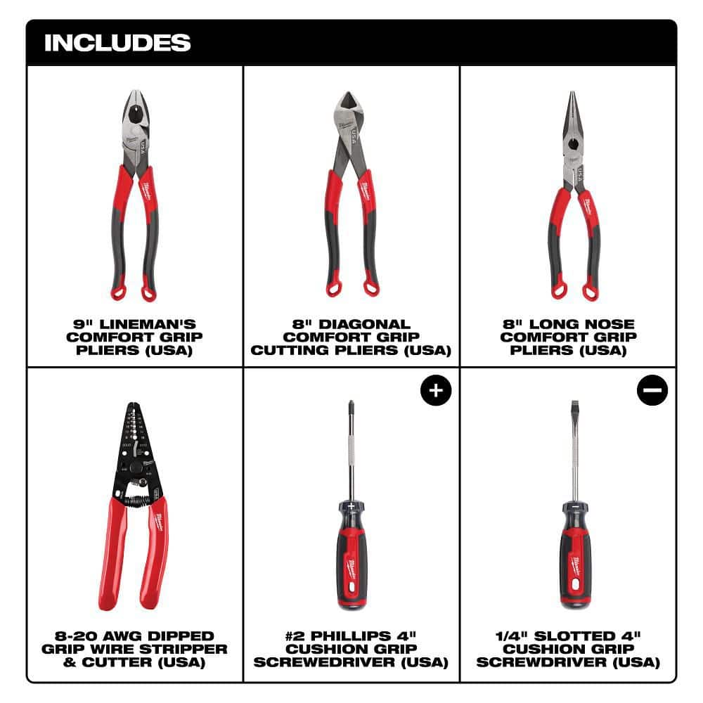 Milwaukee 6 PC Comfort Grip Cutting Pliers, Wire Strippers, & Cushion Grip Screwdrivers Set (USA) (2)