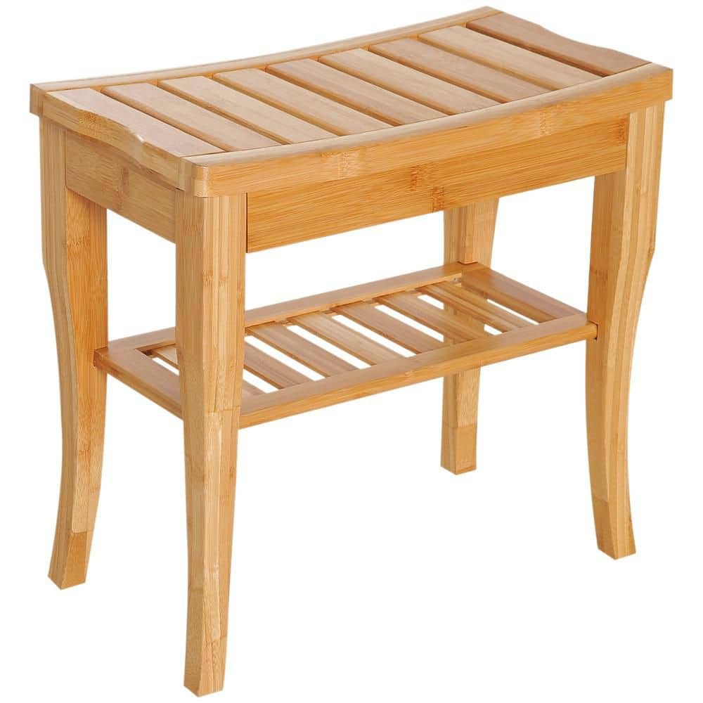 Numhew 20 in. Bamboo Shower Bench Seat, Wooden Spa Shower Stool with Underneath Storage Shelf Shoe Organizer, Brown (1)