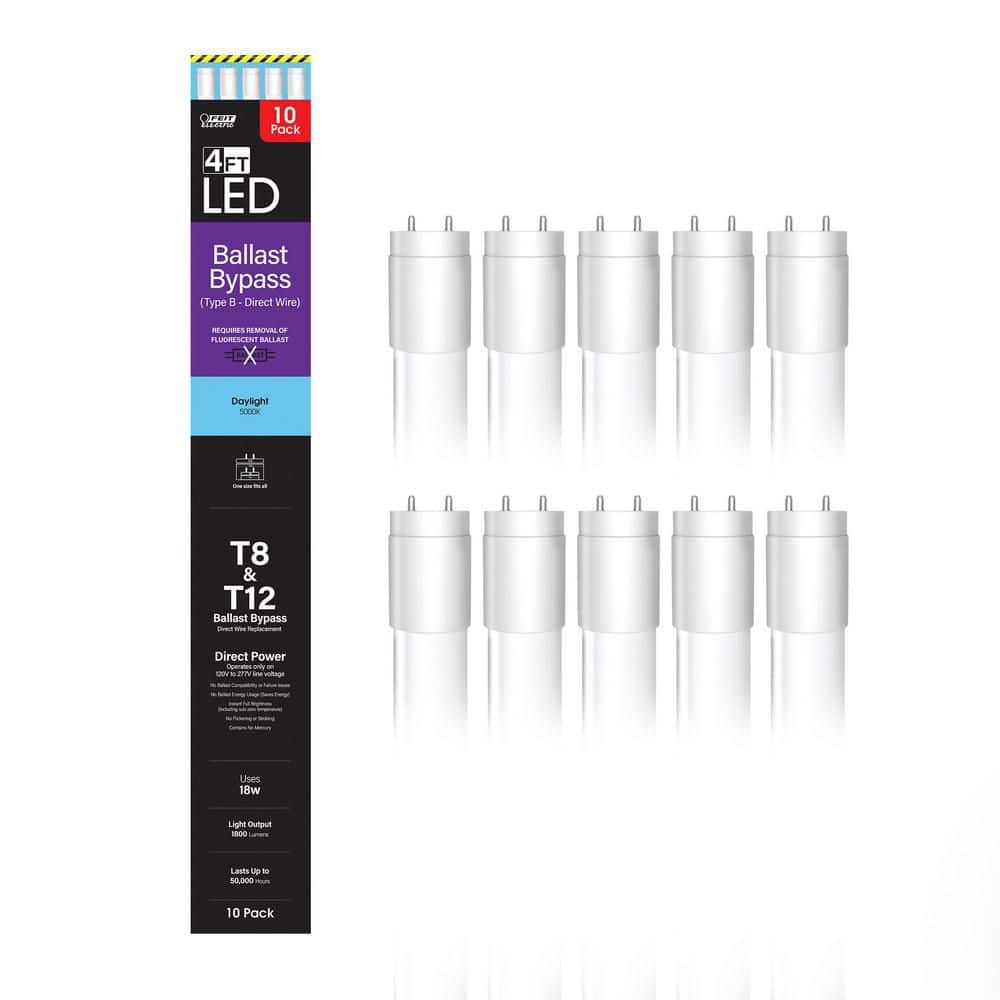 Feit Electric 32-Watt Equivalent 4 ft. White Linear Tube T8/T12 G13 Type B Ballast Bypass LED Light Bulb, Daylight 5000K (10-Pack) (2)