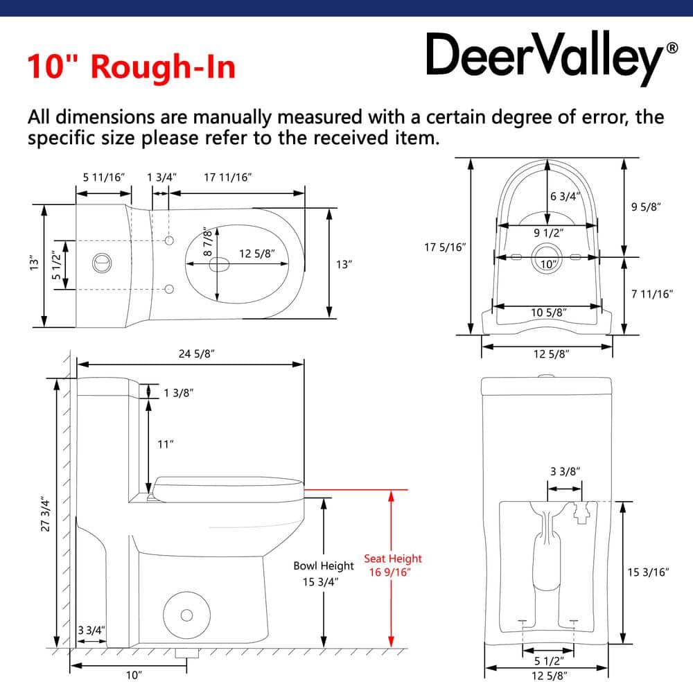 DEERVALLEY Liberty 10 in. Rough In 1-Piece 1.1/1.6 GPF Dual Flush Round Toilet in White Seat Included (3)
