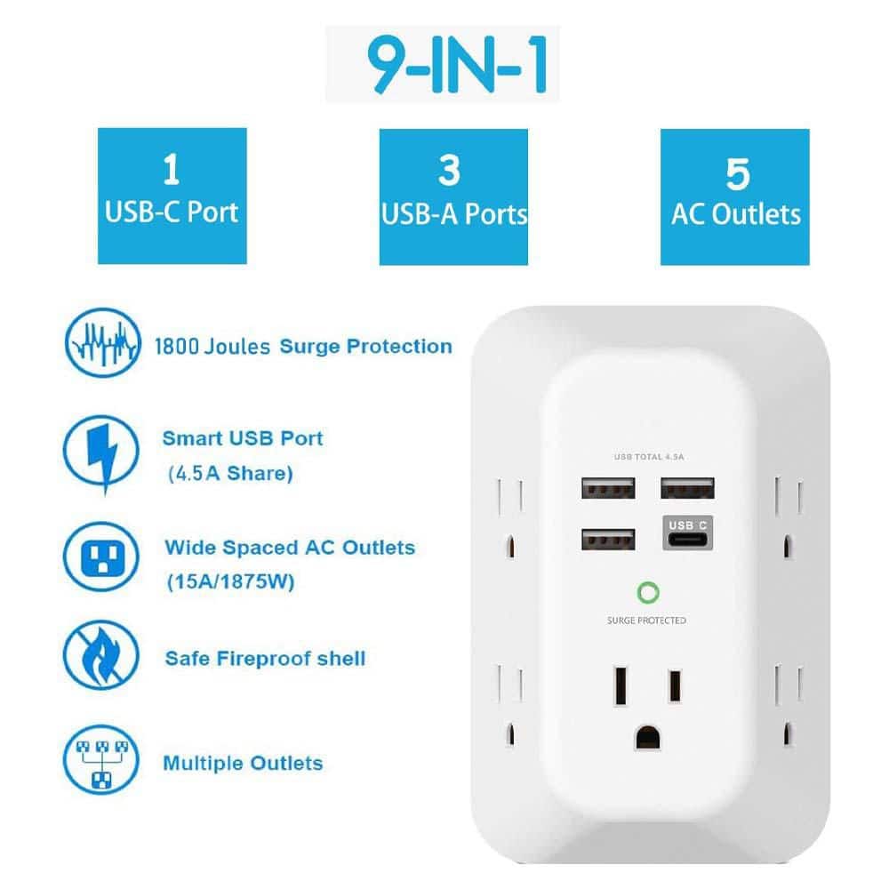 Yichuhaoxi 5-Outlet Extender Wall Adapter with 4 USB-A Ports 1 USB-C Port Surge Protector 1800J Home Travel Office (2)