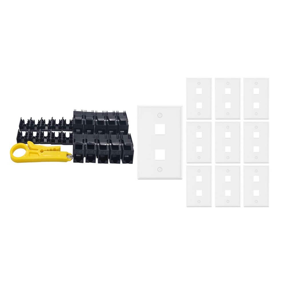 Micro Connectors, Inc 10-Pack 1-Gang White Keystone Plastic Wall Plates 2-Port and 10 Cat 6 RJ45 Keystone Jacks Black (1)