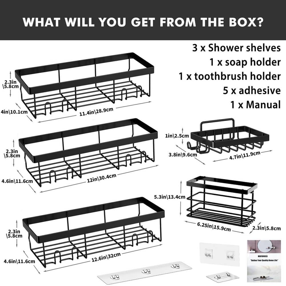 Numhew 12.6 in. W x 2.3 in. H x 4.6 in. D Stainless Steel Rectangular Shelf in Black, 5Pcs Corner Bathroom Storage Organization (2)