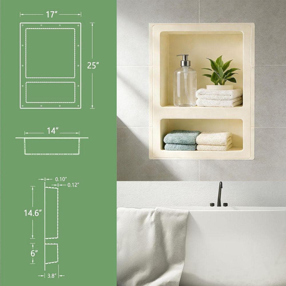 SEEUTEK 17 in. W x 25 in. H x 3.8 in. D Shower Niche Ready for Tile Double Shelf for Shampoo, Toiletry Storage in Black (2)
