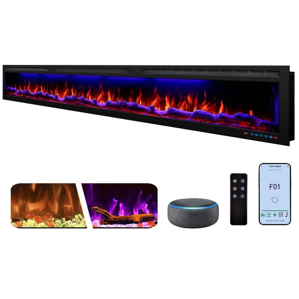 Delandgrand 95 in. Smart Electric Fireplace Insert /Wall Mounted in Black, MultiColor Flames, Remote and APP Control, 1500-Watt
