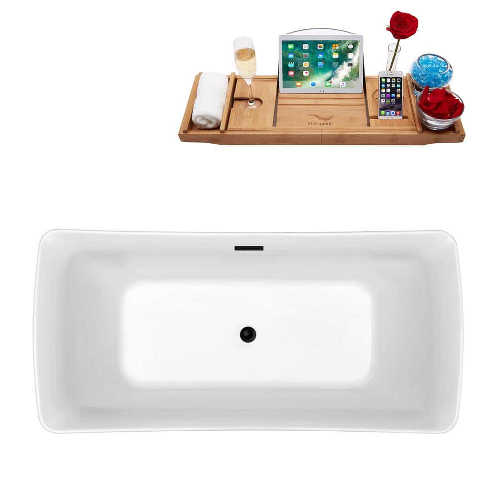 Streamline 62 in. Acrylic Flatbottom Non-Whirlpool Bathtub Glossy White with Matte Black Drain and Overflow Cover (4)