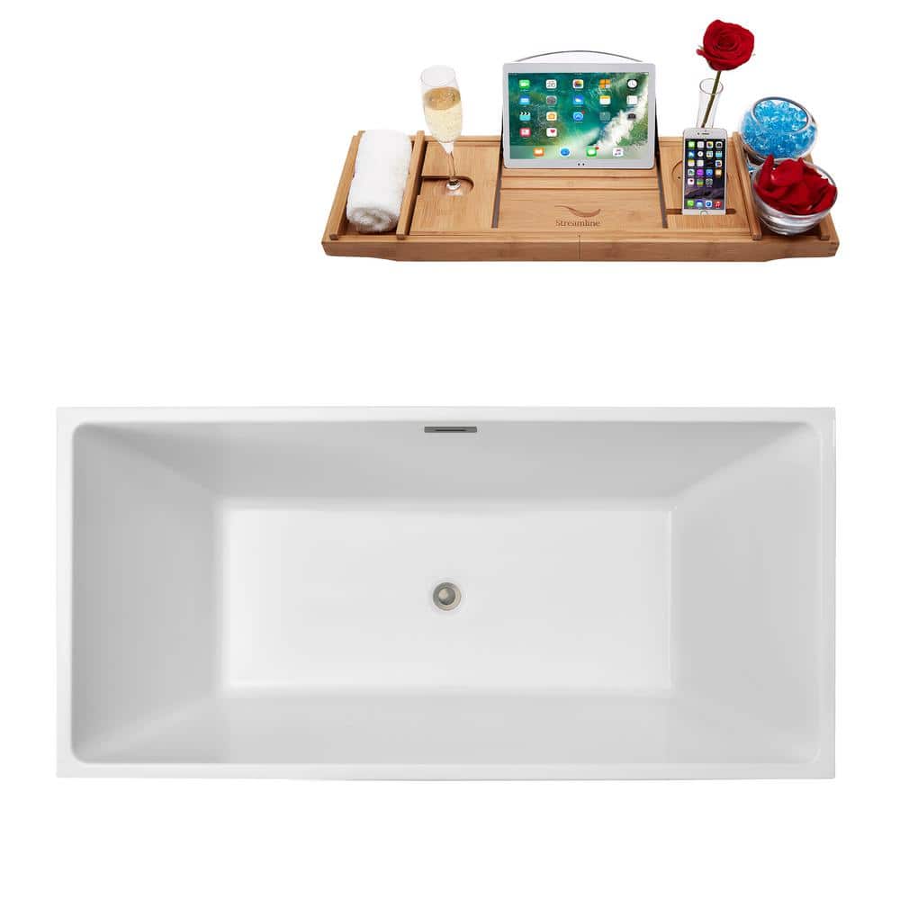 Streamline 66 in. Acrylic Flatbottom Non-Whirlpool Bathtub Glossy White with Brushed Nickel Drain and Overflow Cover (4)