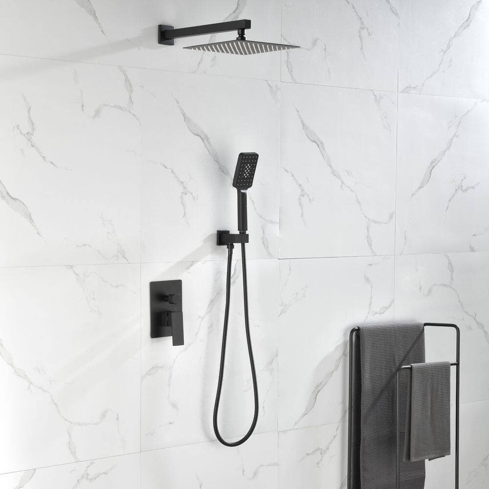 BEARSOLIM Brass Matte Black Faucet 1 Jet Shower System 10 in. Rainfall Shower Head with Rough-in Valve Included in Black (3)