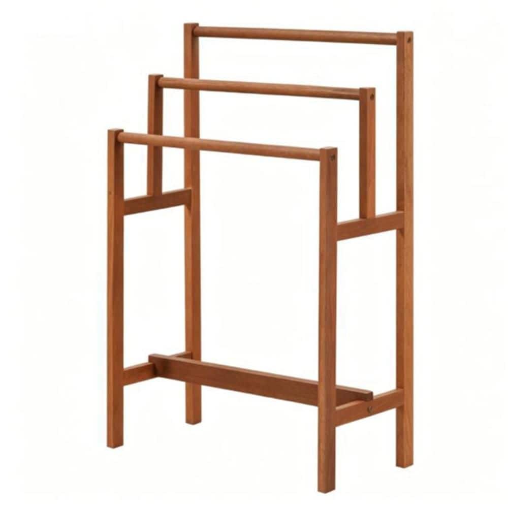 Wudkey 3‑Tier Freestanding Hardwood Towel Ladder in Brown, Farmhouse Vertical Towel Storage Rack, Space‑Saving Step Towel Bar (1)