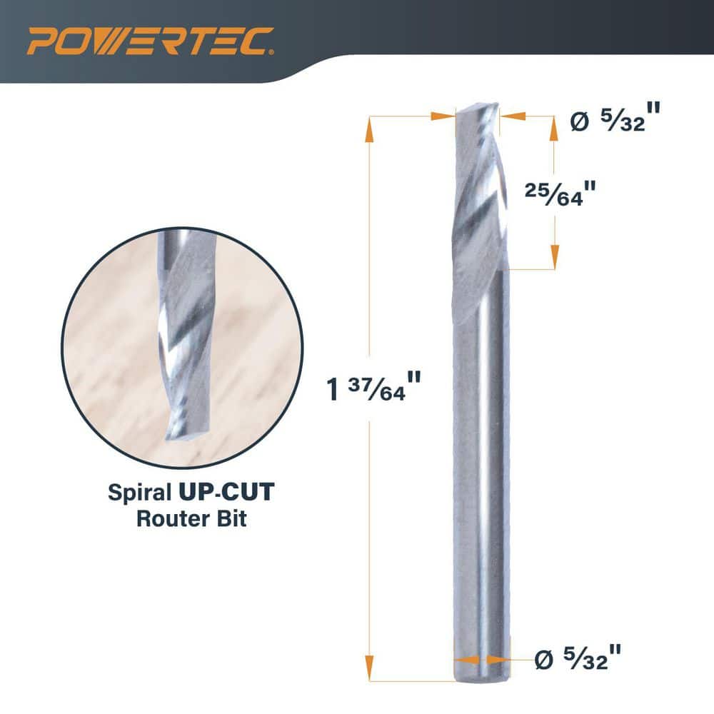 ‎POWERTEC Single Flute Carbide Up-Cut Router Bit 5/32 in. Spiral, 5/32 in. Shank, 25/64 in. Cutting Length, 1-37/64 in. Long, 2PC (3)