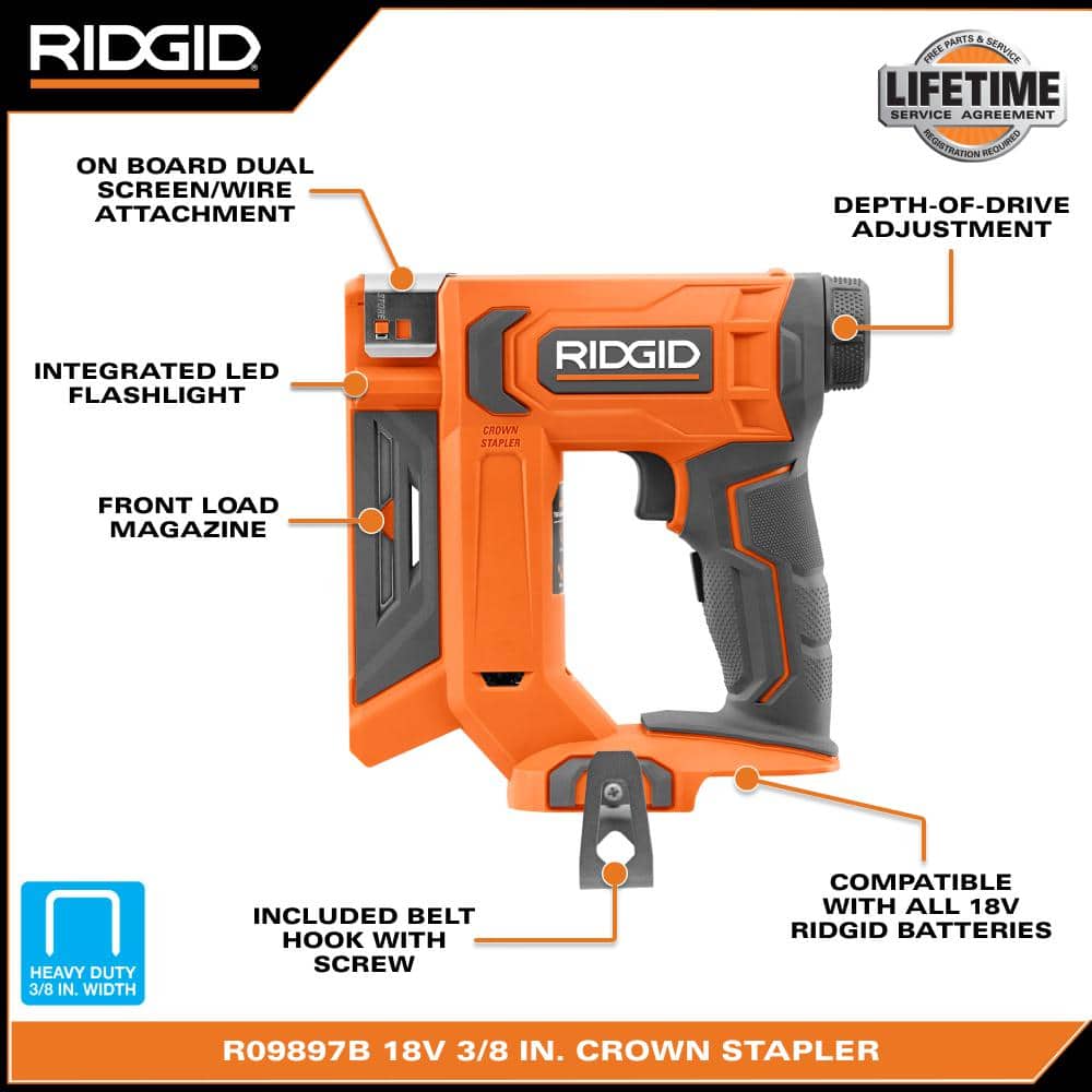 RIDGID 18V Cordless 3/8 in. Crown Stapler Kit with 2.0 Ah Battery and Charger (3)